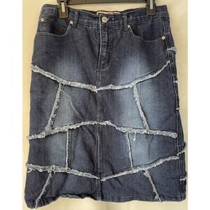 RAVE 4 REAL Blue Denim Frayed Patchwork Skirt Grunge Vintage Knee Length 11